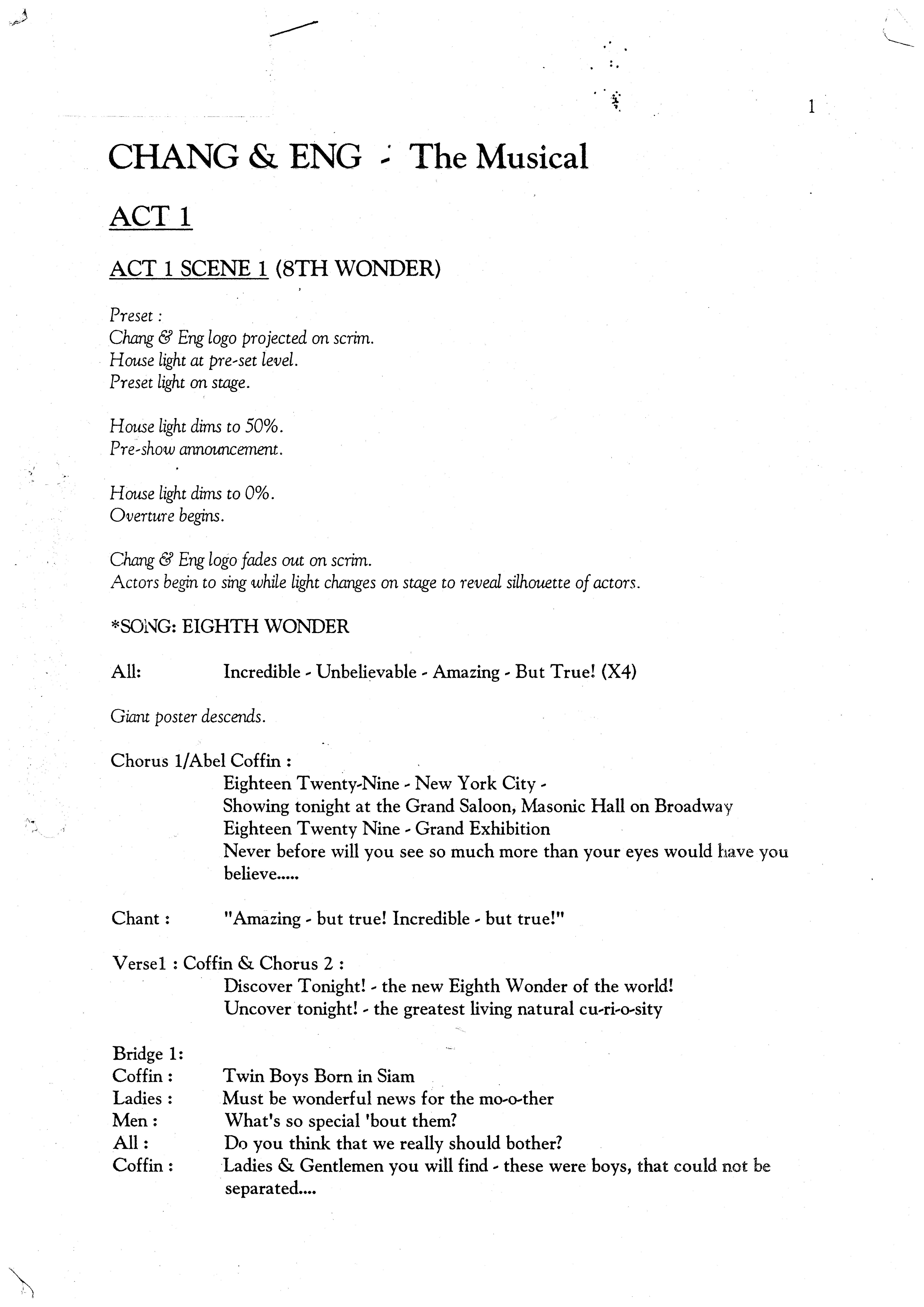 This is the first page of the script for Chang and Eng: The Musical