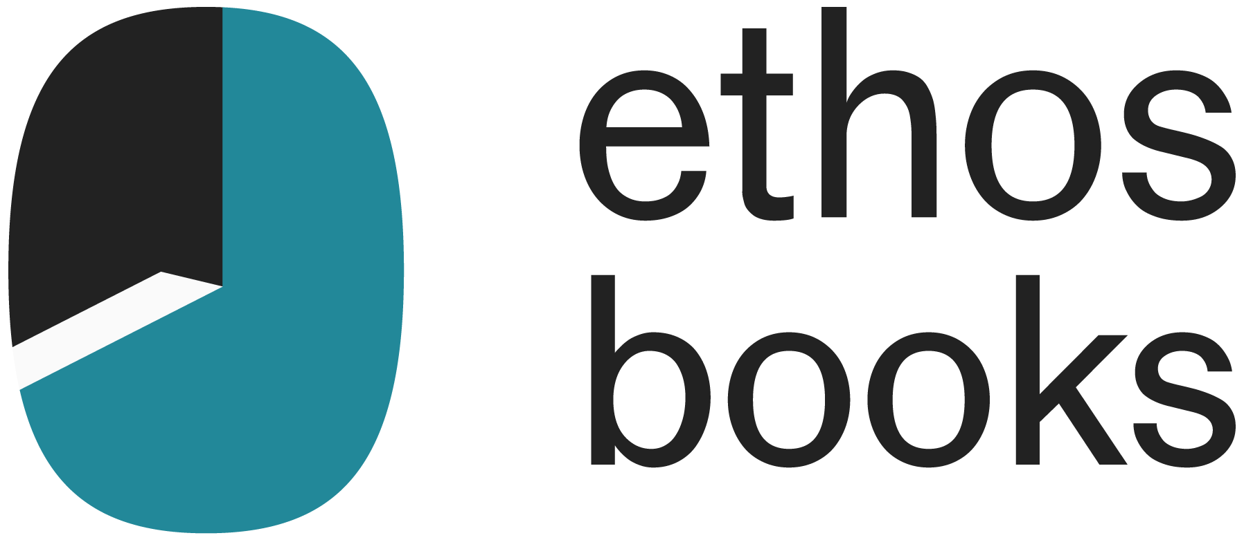 Logo for Ethos Books. The image features an teal oval with an abstract depiction of a book. Ethos Books.