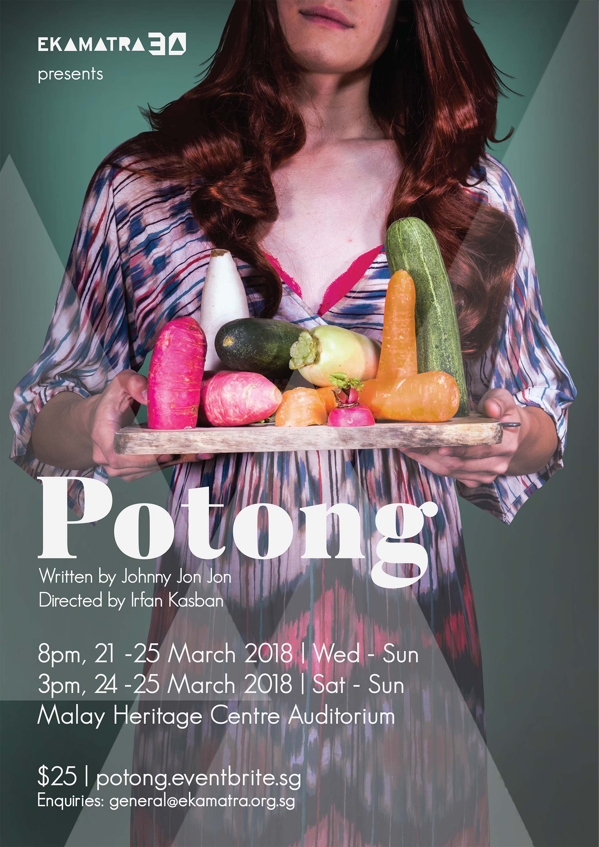 The poster features a person in a colorful dress holding a plate with an assortment of vegetables like cucumber, carrot, radish. The title and details of the production is printed.