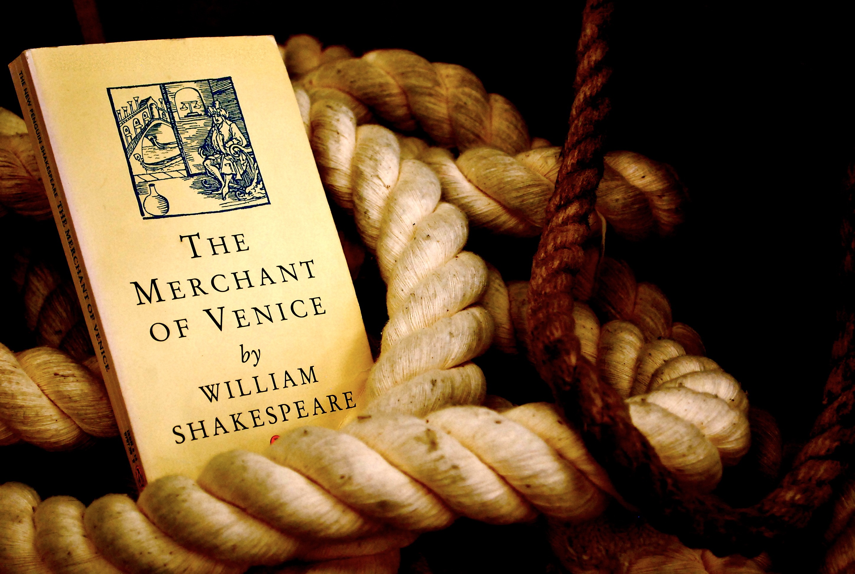 An image of a book titled "The Merchant of Venice by William Shakespeare" amidst fishermen's ropes. 