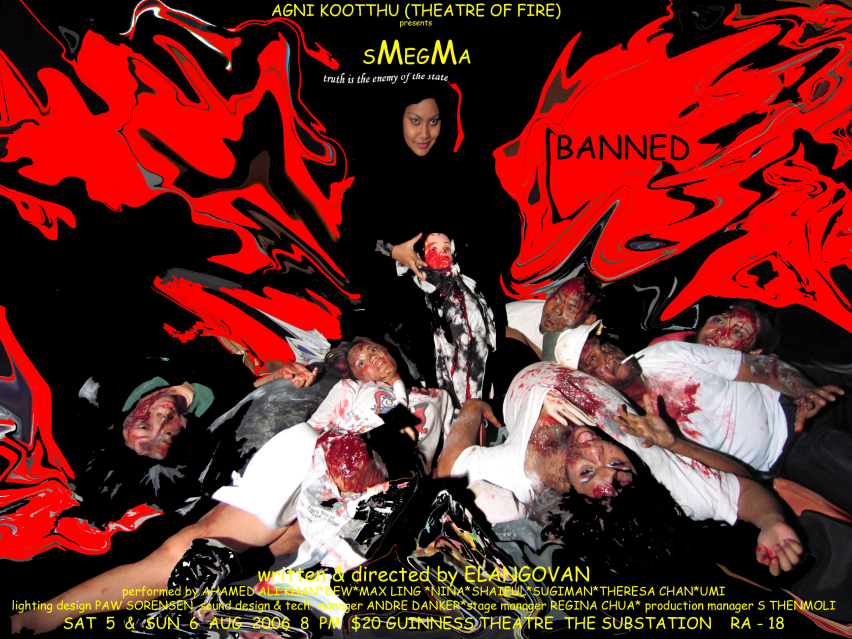 The poster features human bodies dressed in white and covered in blood, as a woman wearing a black headscarf smiles as she looks straight ahead. The production name and details are printed on the poster. The word "Banned" is printed prominently against a splash of red paint.