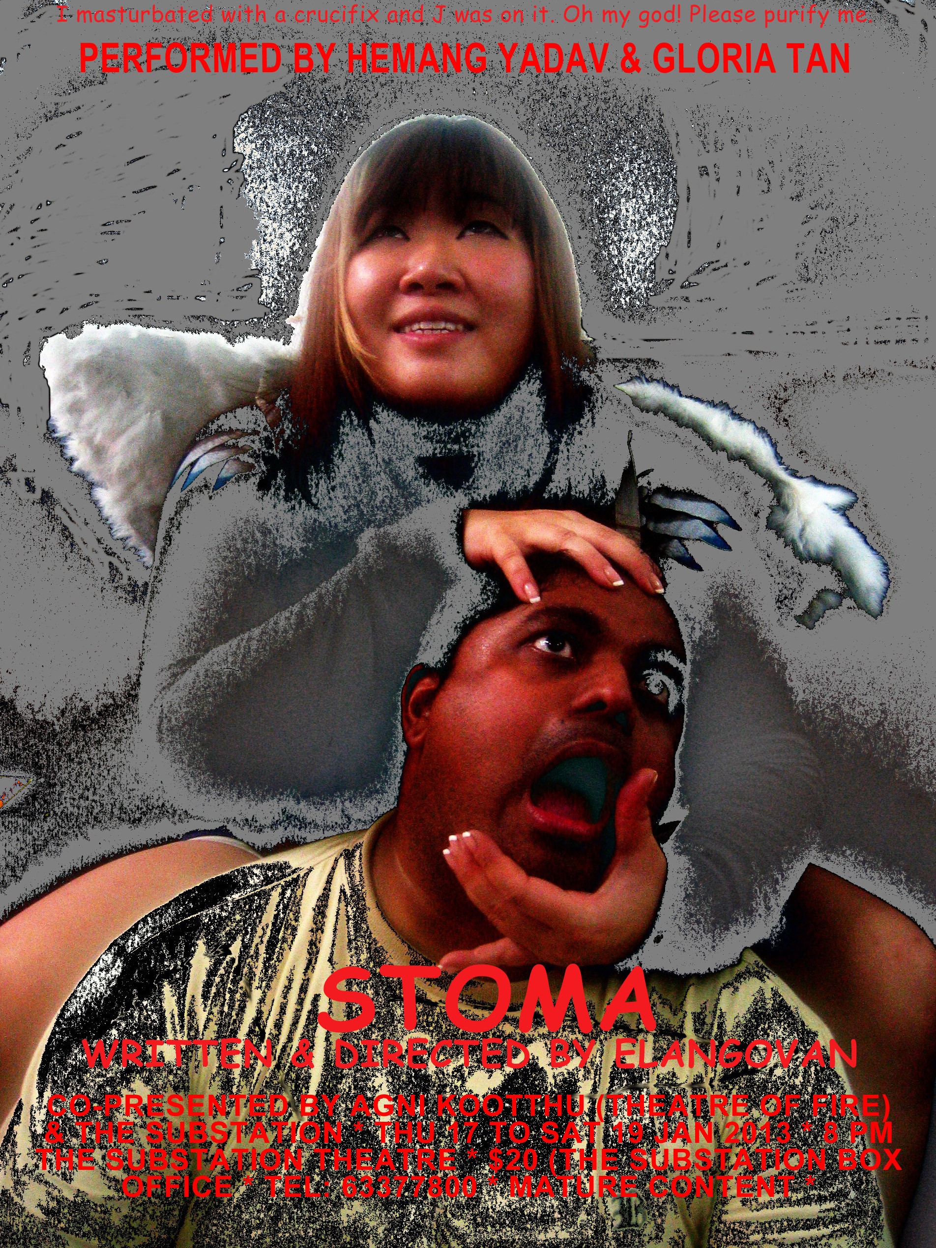 The poster features a woman smiling and gazing into the distance as she holds a man's head in an action to break his neck. The man is staring hard into the distance with his mouth agape. The production title and details are printed.