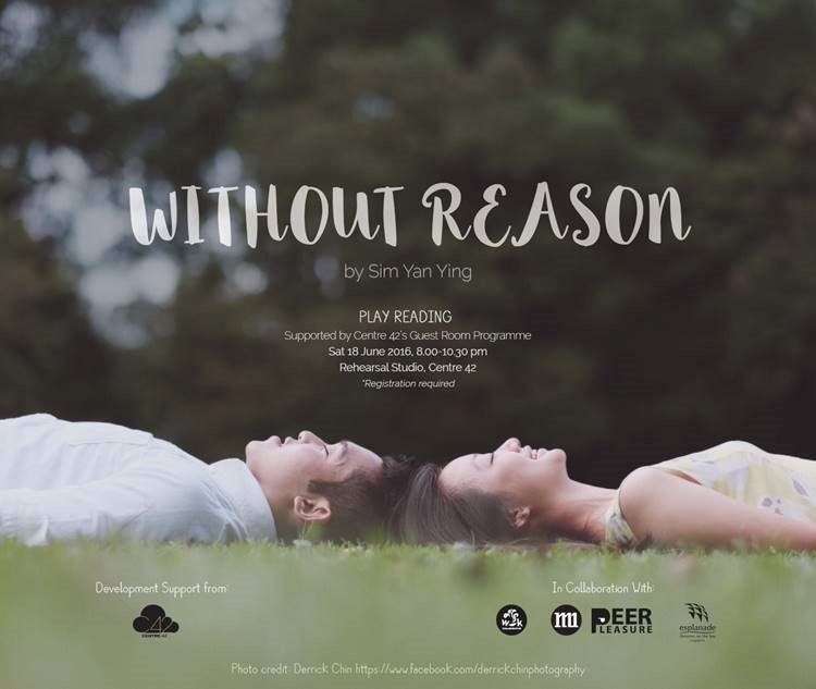 A publicity image with a couple laying opposite one another on a grass field, and their heads touching. The title and details of the residency project are seen.