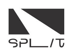 Logo for Split Theatre. The logo consists of two trapezoids arranged with negative space in between to form a rectangle. The name "Split" is printed below.