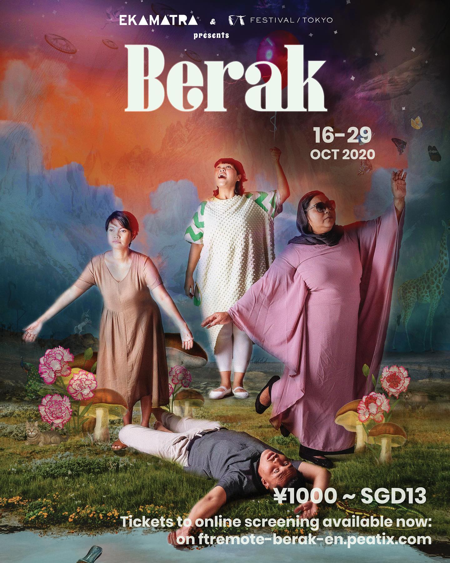 The poster features four persons on a grassy field by a pond, with a red sky behind them. Three are standing in various positions, and one is lying on the grass with arms outstretched above him, eyes open and staring.