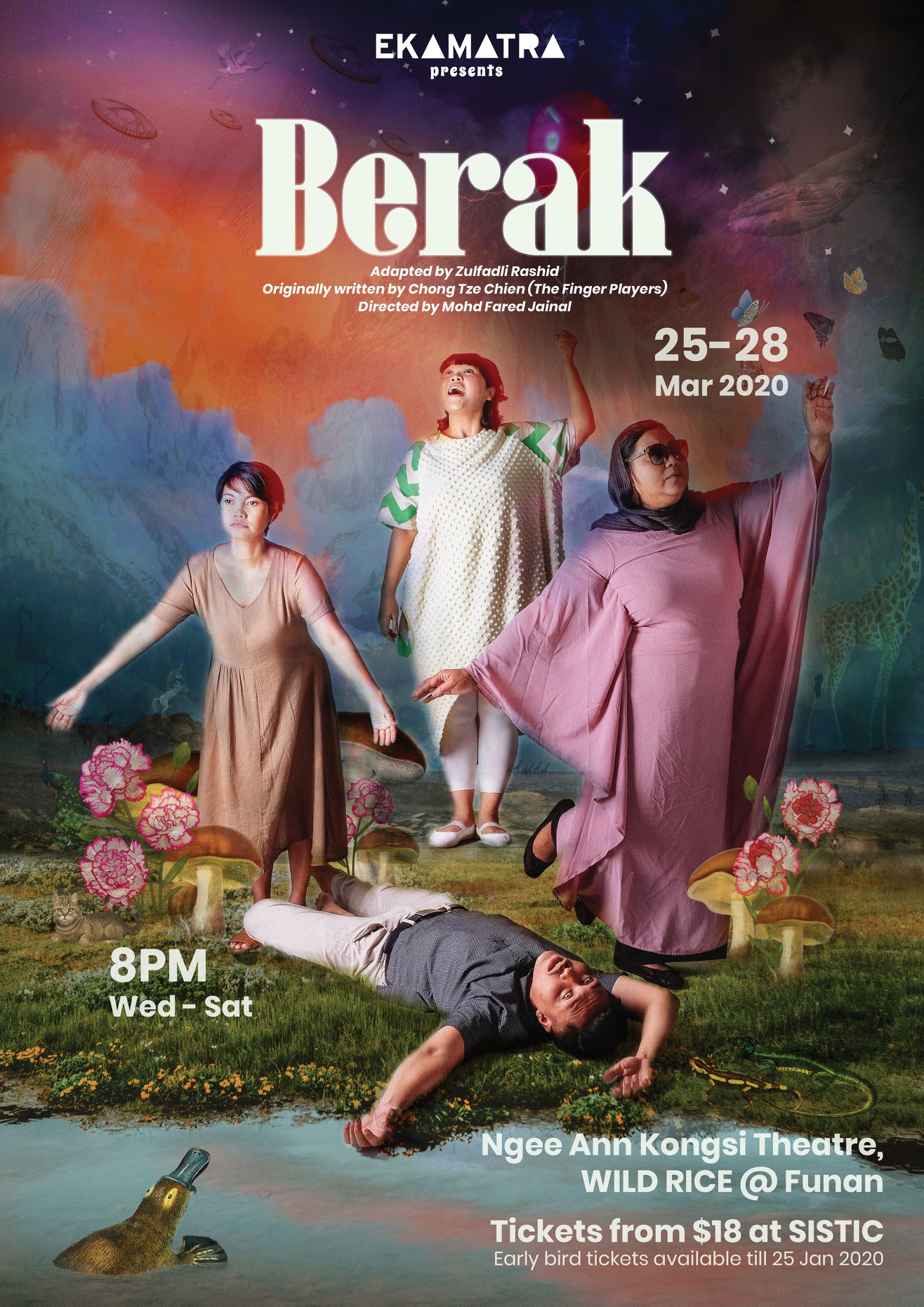 The poster features four persons on a grassy field by a pond, with a red sky behind them. Three are standing in various positions, and one is lying on the grass with arms outstretched above him, eyes open and staring.