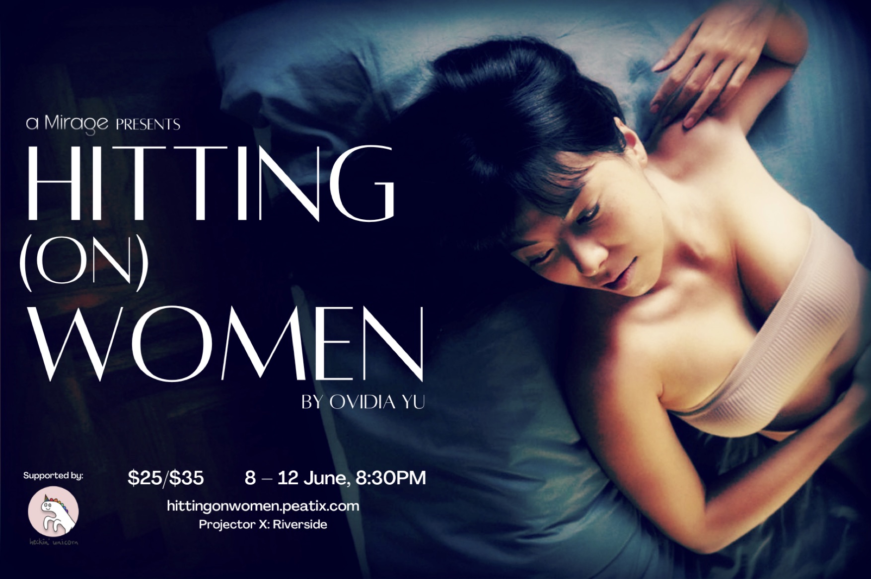 The poster features a female-presenting person draped on a soft blue surface, glancing downwards. To the left are the words 'Hitting (On) Women' in thin white font.