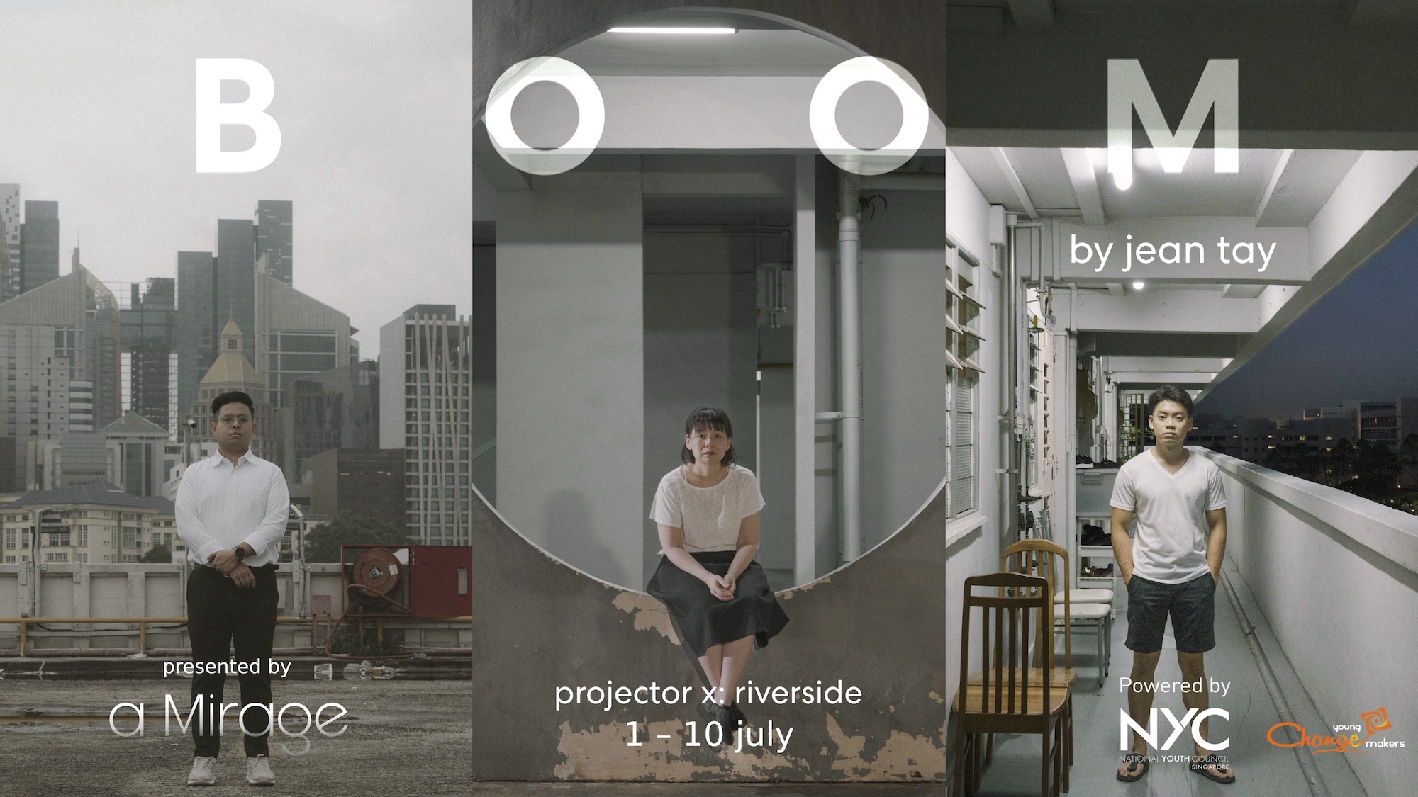 The poster features three images in a row. The leftmost features a person standing in front of a cityscape, the middle features a person sitting in a void deck and the rightmost features a person standing in the corridor of a HDB flat.