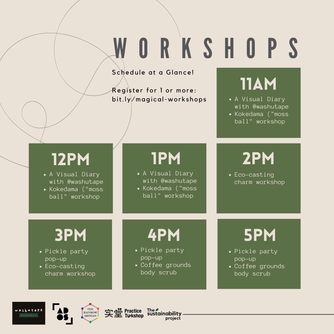 Schedule of Workshops displayed in 7 green boxes. Each box representing the time on an hourly basis from 11am to 5pm, and small text of the workshop name respectively