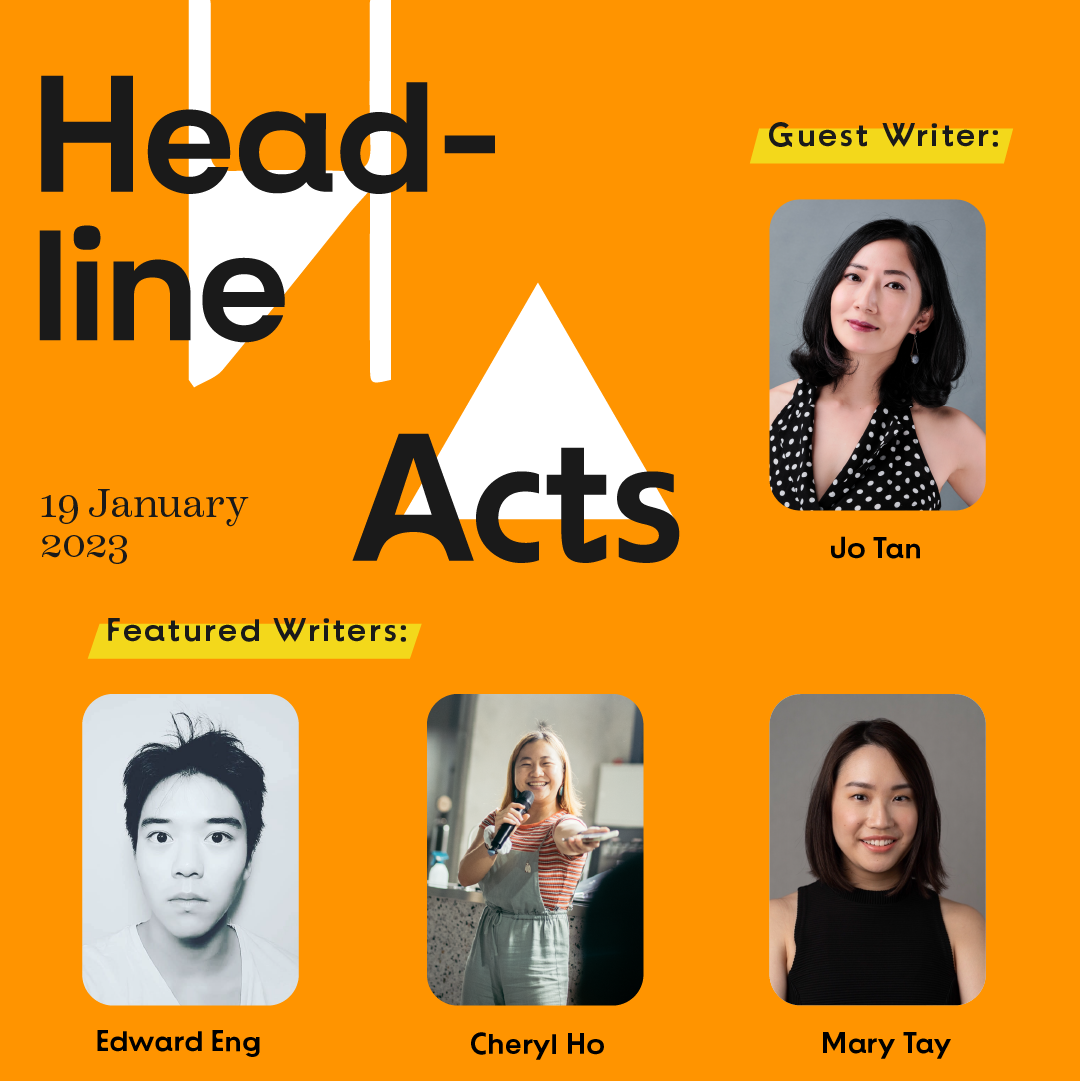 Event details comprising black text Head-line Acts, 19 January 2023, on orange background, with four profile photos of Guest and Featured Writers.