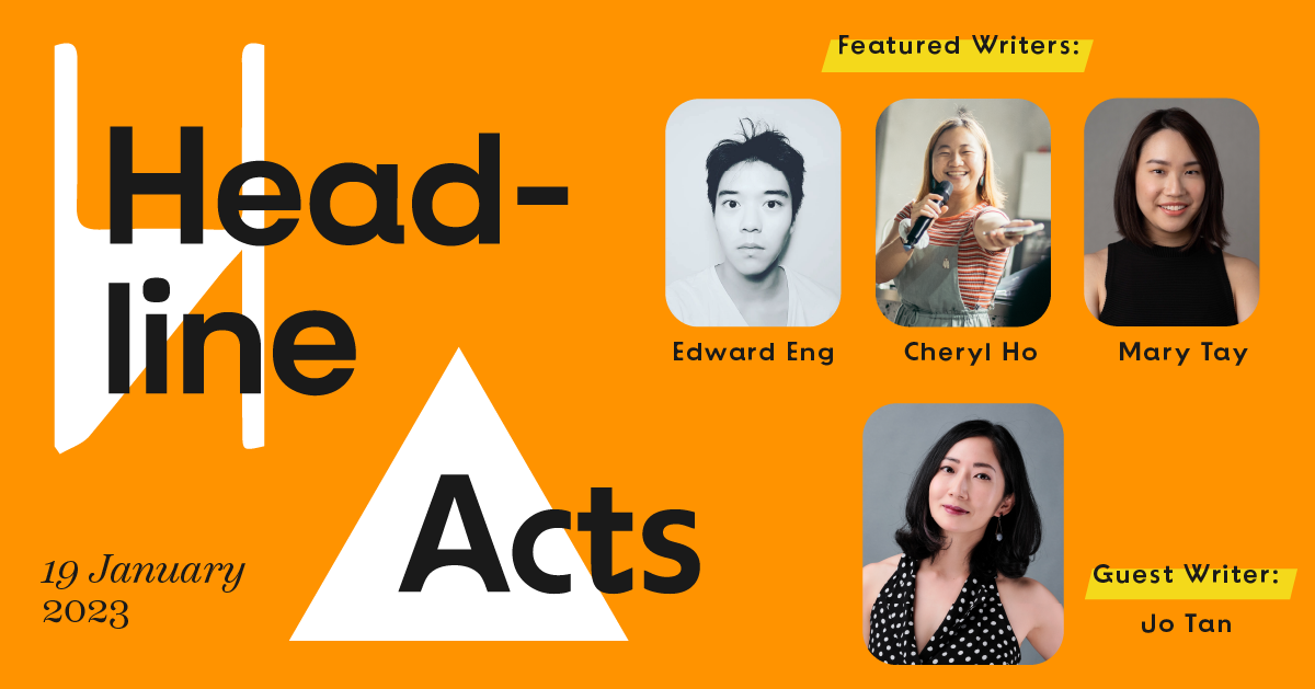 Event details comprising black text Head-line Acts, 19 January 2023, on orange background, with four profile photos of Guest and Featured Writers.