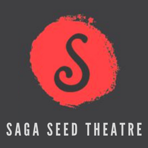 Logo for Saga Seed Theatre. A red spot is featured with the letter 'S' drawn on it. The name "Saga Seed Theatre" is printed below