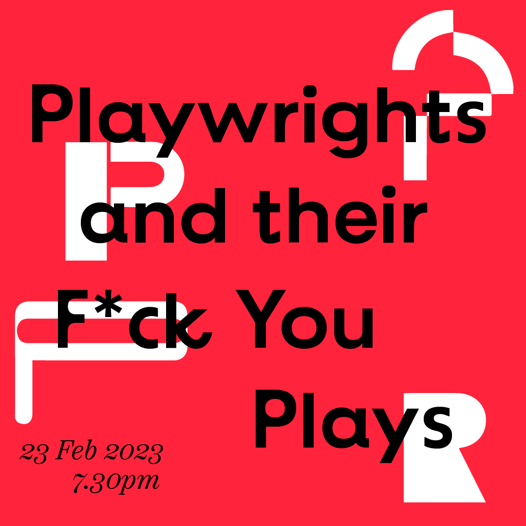 A publicity image with a red background and black text including the details of the residency sharing and images of four playwrights, Ahmad Musta'ain, A Yagnya, Danial Matin and Rachel Chin.