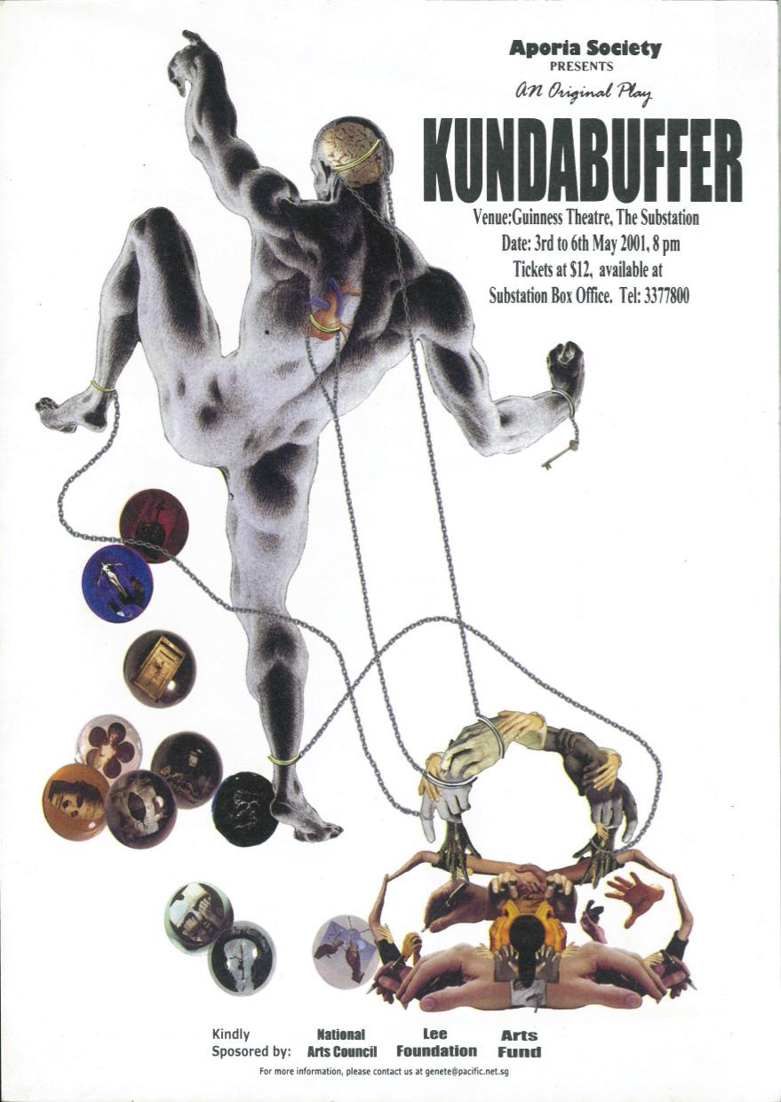 The flyer features a muscular, nude human figure with strings around their head, wrists and ankles, moving and gesturing. They are surrounded by marbles containing pictures.