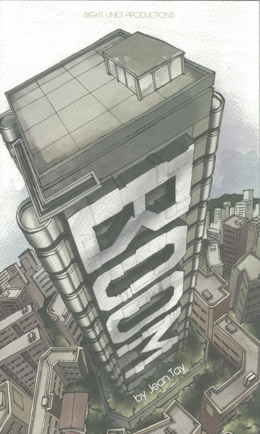 The brochure features a coloured drawing of a skyscraper, seen from the top. Running down the side of the skyscraper is the word 'BOOM' in grey font.