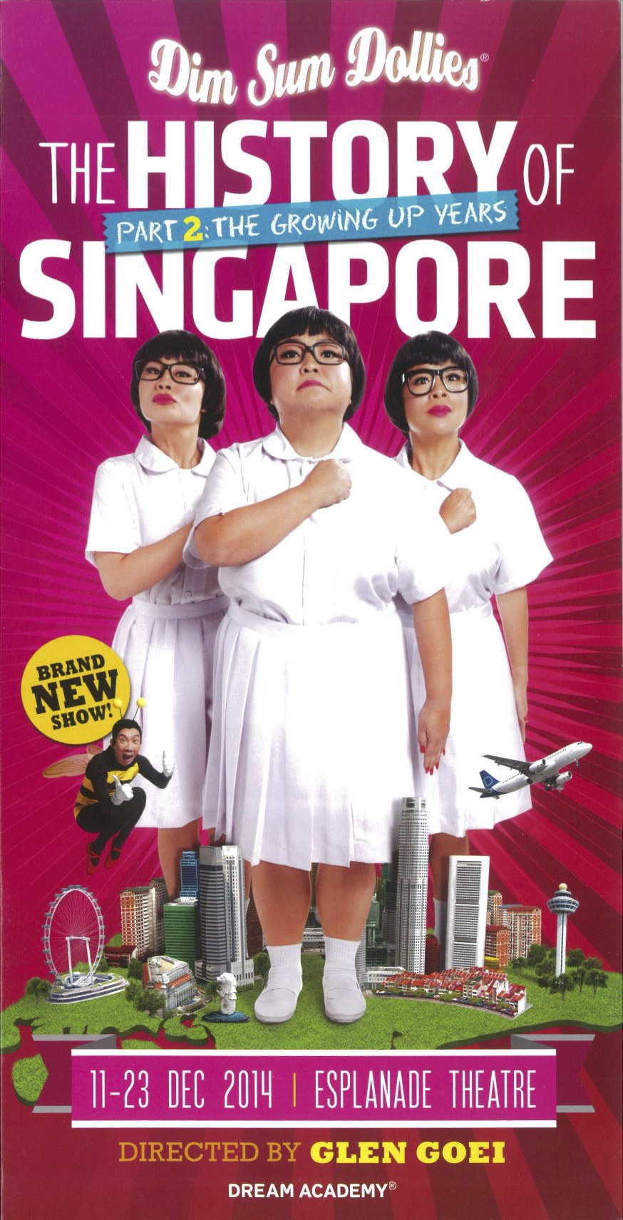 The brochure features three female-presenting persons in white school uniforms, holding their fists over their hearts and looking upwards.