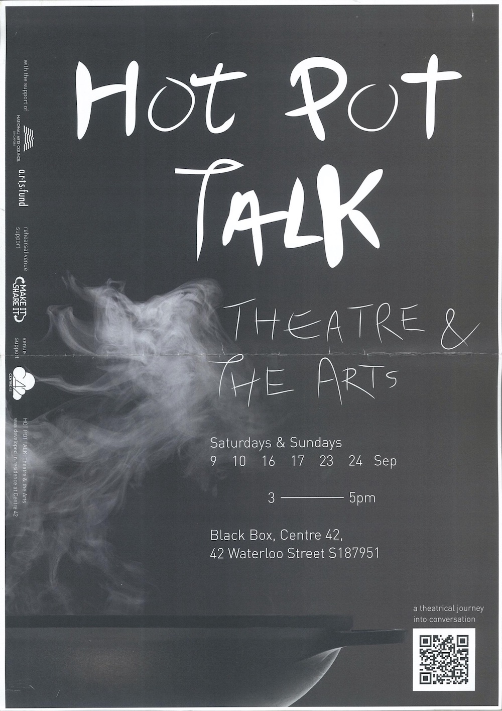 The poster features wisps of steam against a black background. At the top are the words 'Hot Pot Talk' scrawled in white.