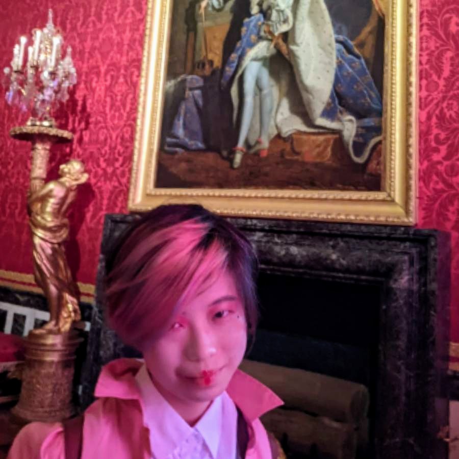 Selfie of Michael Neo in an art gallery, with pink streaks in their hair.