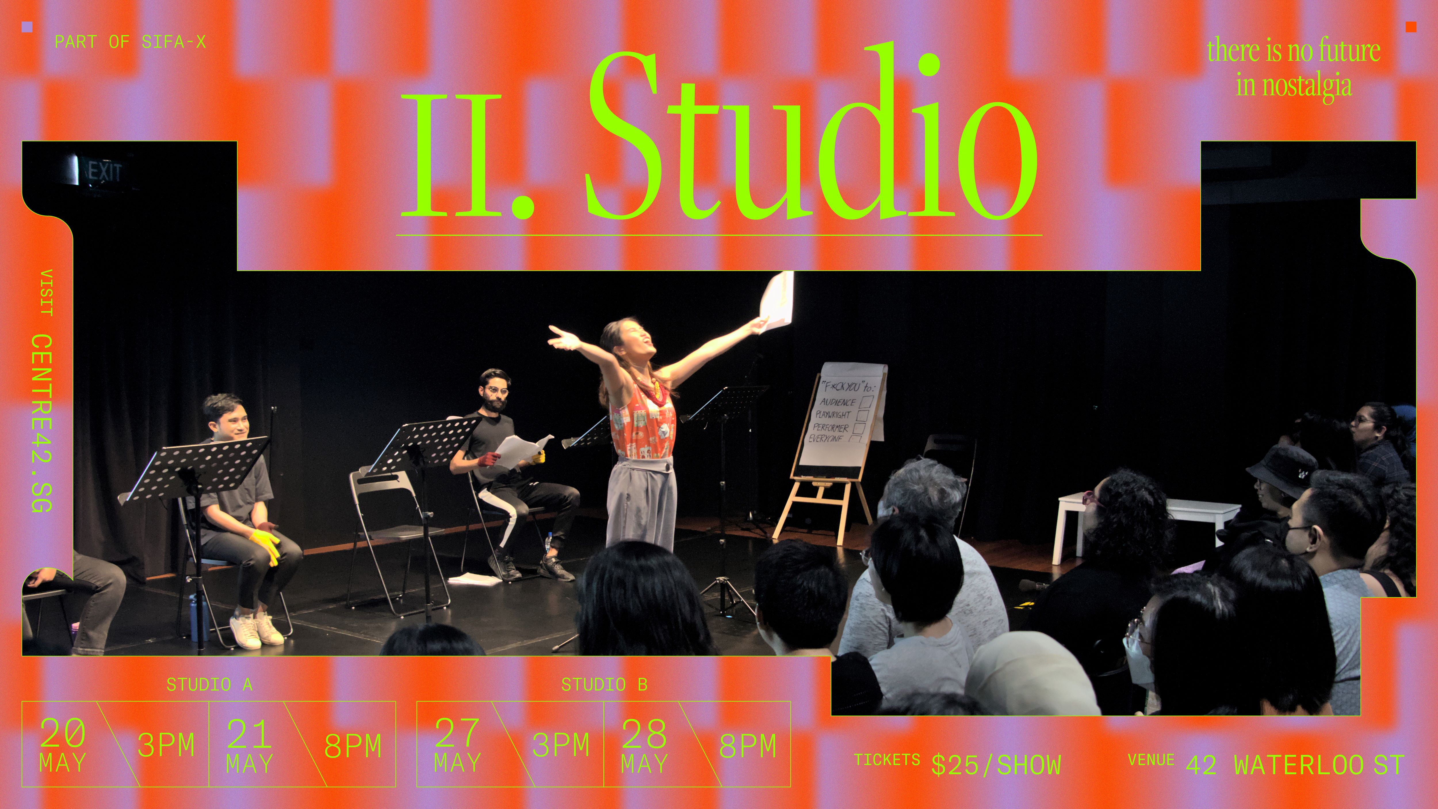 Neon green text "II. Studio" is centred against a framed backdrop of bright orange and purple textures. In the middle of the frame is a photo depicting 1 performer standing with a script in hand and outstretched arm in front of an audience