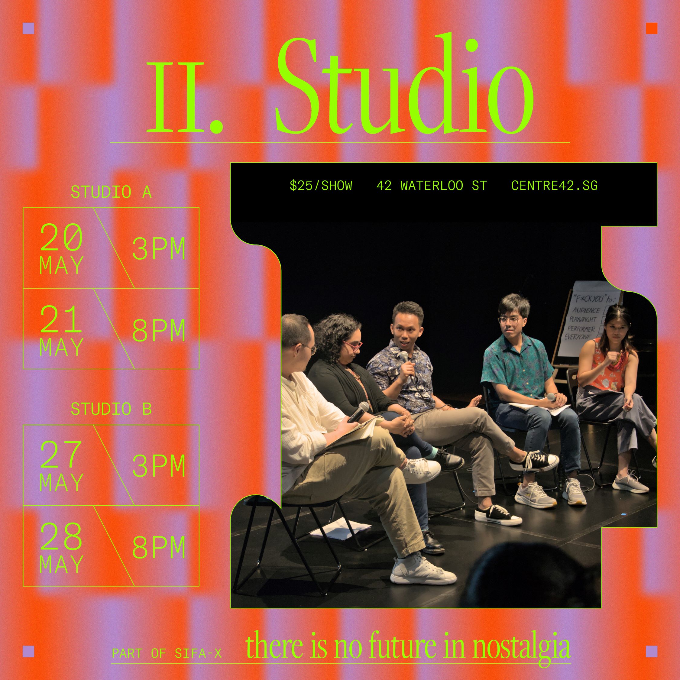 Neon green text "II. Studio" is centred against a framed backdrop of bright orange and purple textures. In the middle of the frame is a photo depicting 5 persons seated in a row engaged in a public dialogue