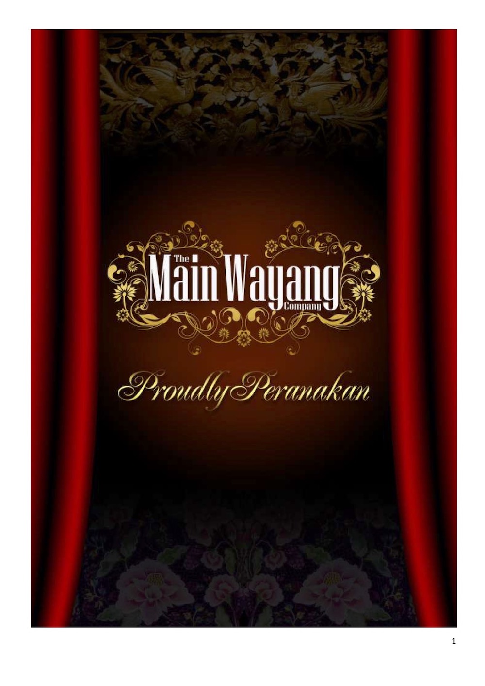 The programme is styled like a stage with red curtains opening onto the words 'The Main Wayang Company' in white font.