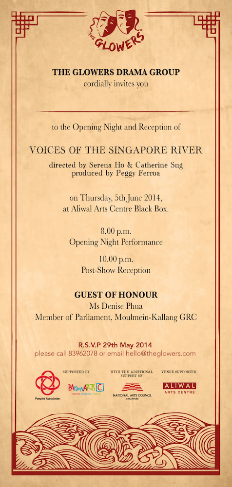 The miscellaneous artefact is styled like a long piece of parchment and features an invitation to the opening night of 'Voices of the Singapore River'.