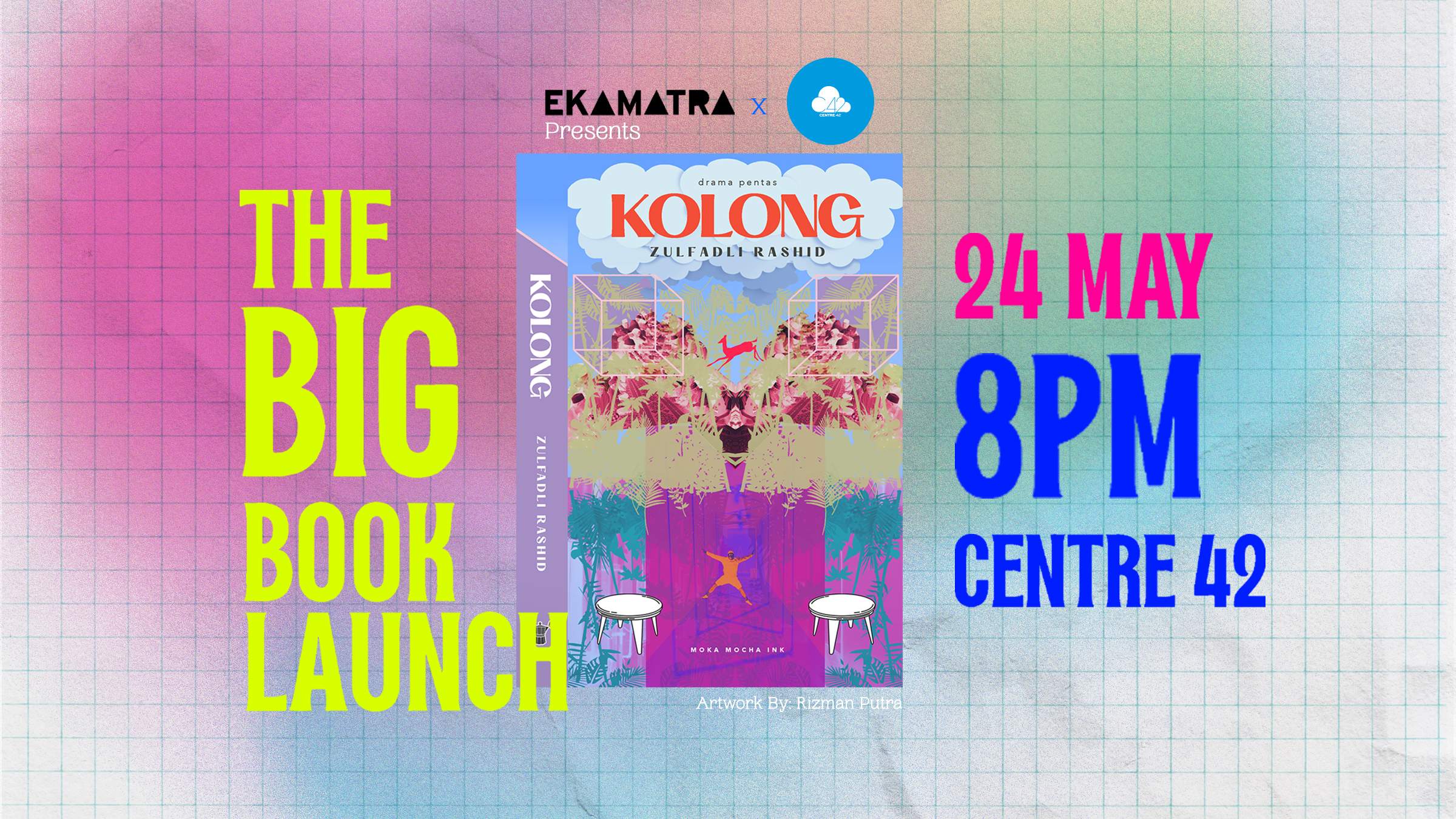 A publicity image with a gradient coloured background containing the book cover of 'Kolong' as well as the book launch event title and details.