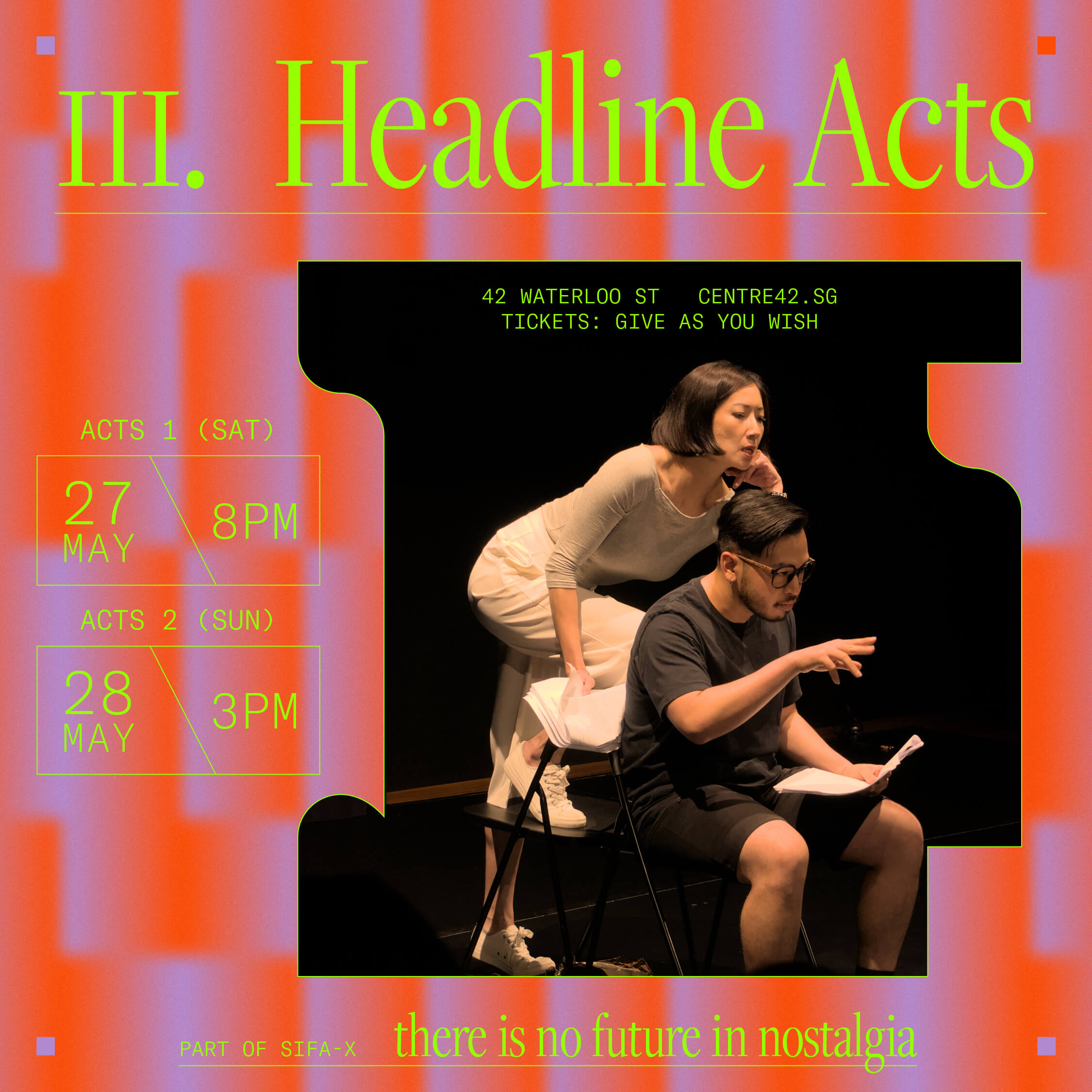 Neon green text "III. Headline Acts" is centred against a framed backdrop of bright orange and purple textures. In the middle of the frame is a photo depicting 1 performer standing behind a seated performer overlooking his head at the script held in his hand.