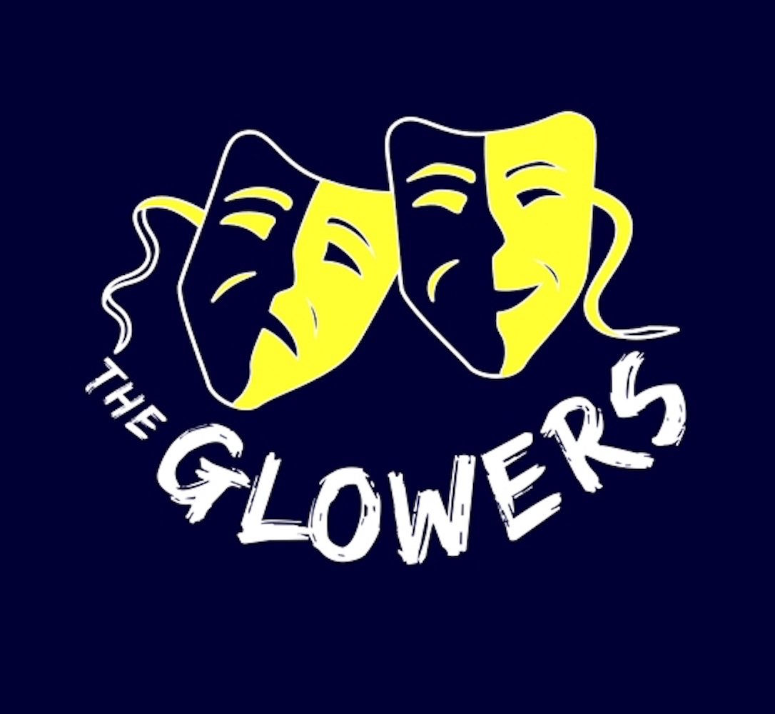 The Glowers logo - two dramatic masks, half yellow and half dark blue, against a dark blue background, with the words 'The Glowers' in white font below.