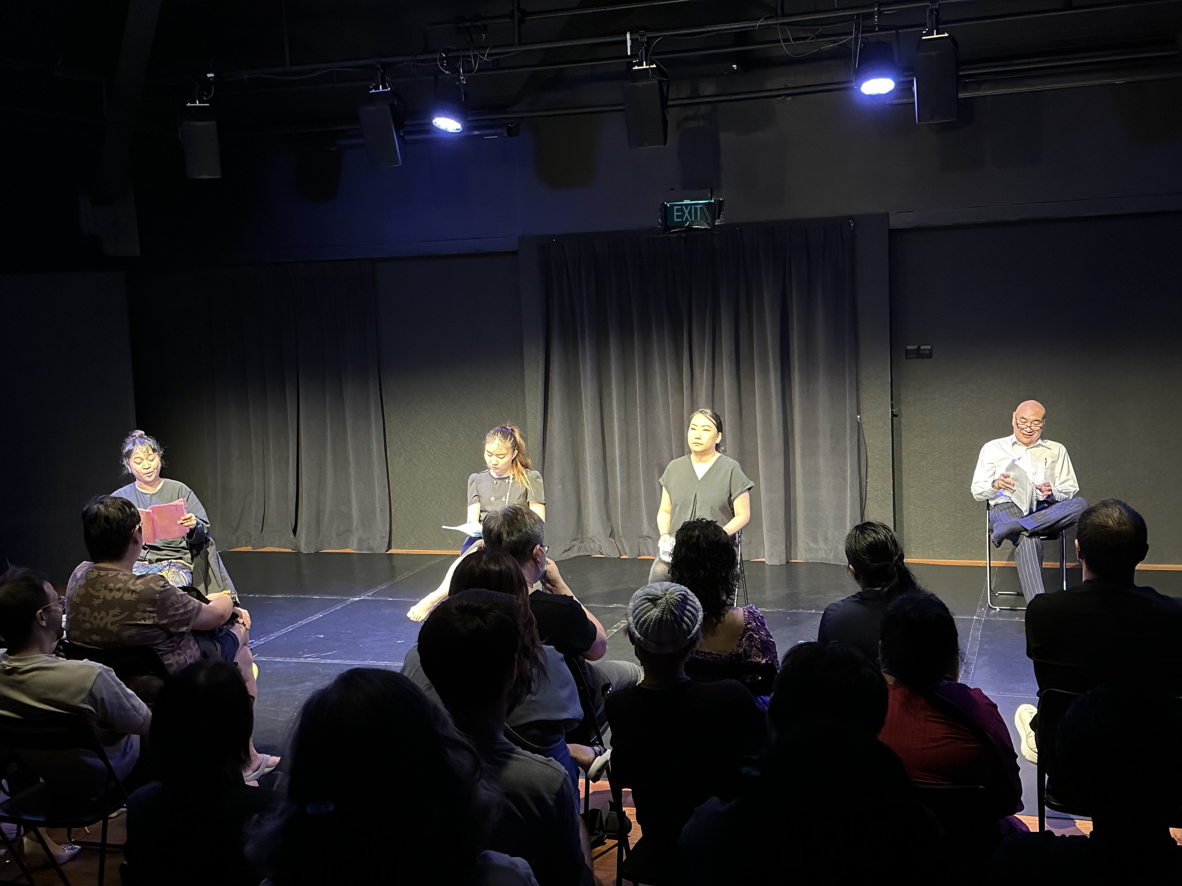 A photograph of the Studio B dramatised reading, featuring the cast of "Where the Hantus At?" by Rachel Chin.