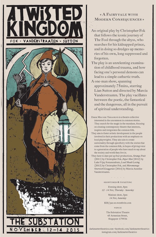 The poster features a drawing of a traveller carrying a lantern and small sack. To the right is information about the production.