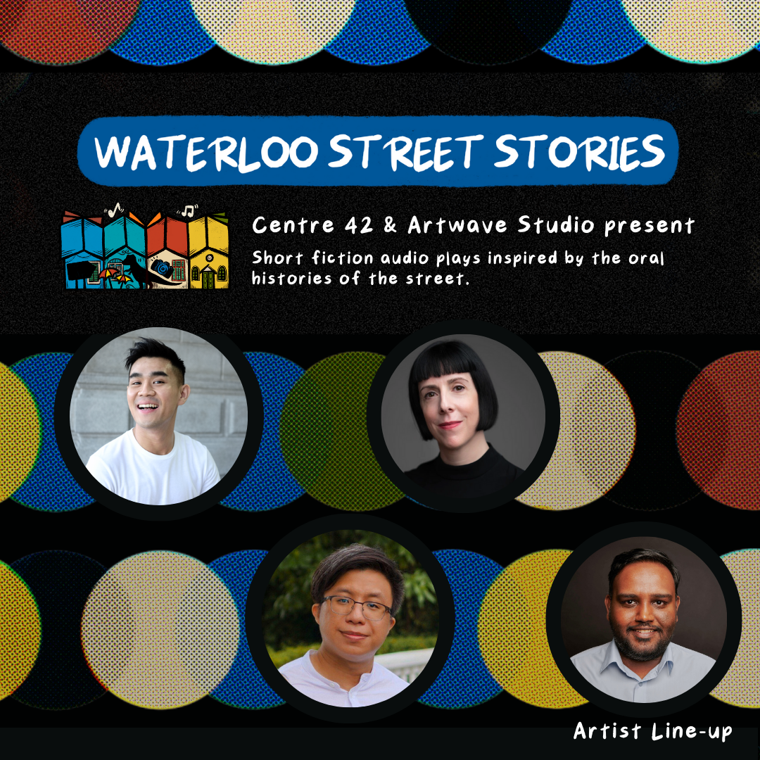 Poster Image with title Waterloo Street Stories at the top and headshots of 4 artists displayed in colourful circles