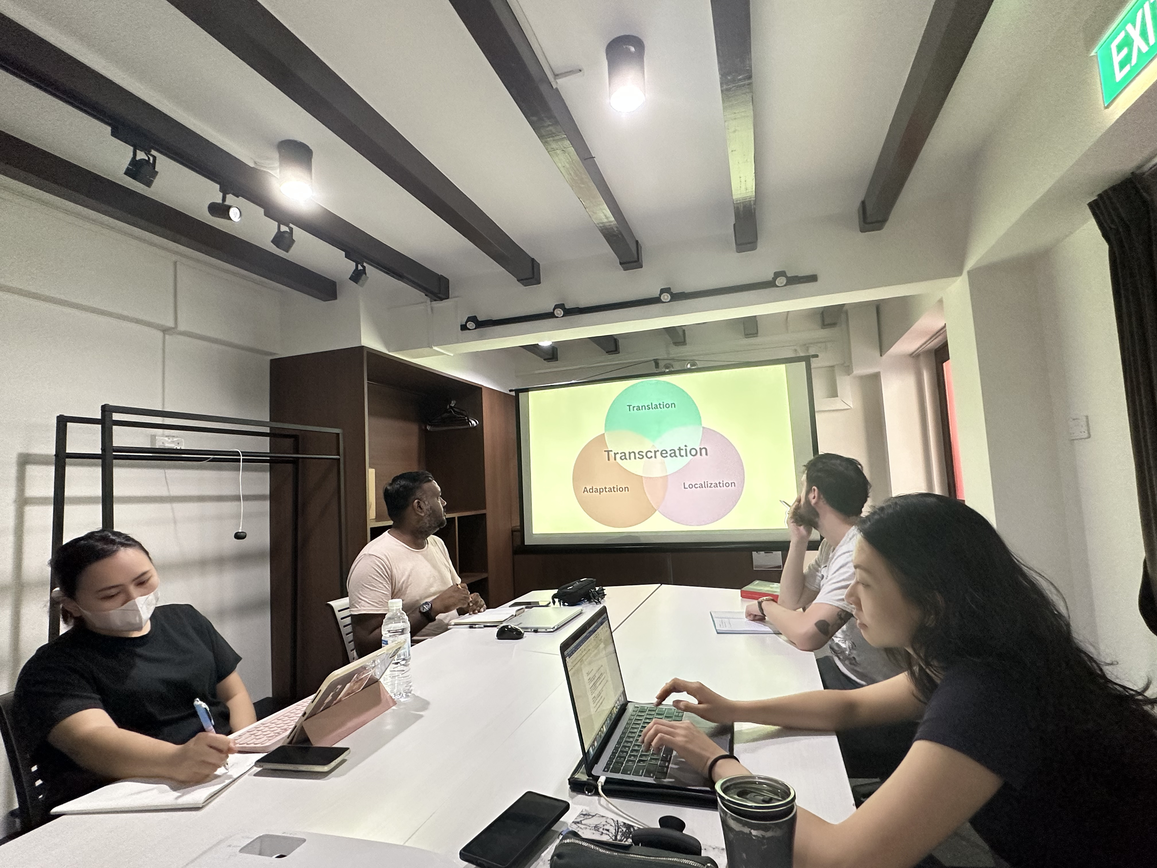 A photograph of four participants seated with various devices or notebooks in front of them and a slide projection about 'Transcreation' seen further ahead.