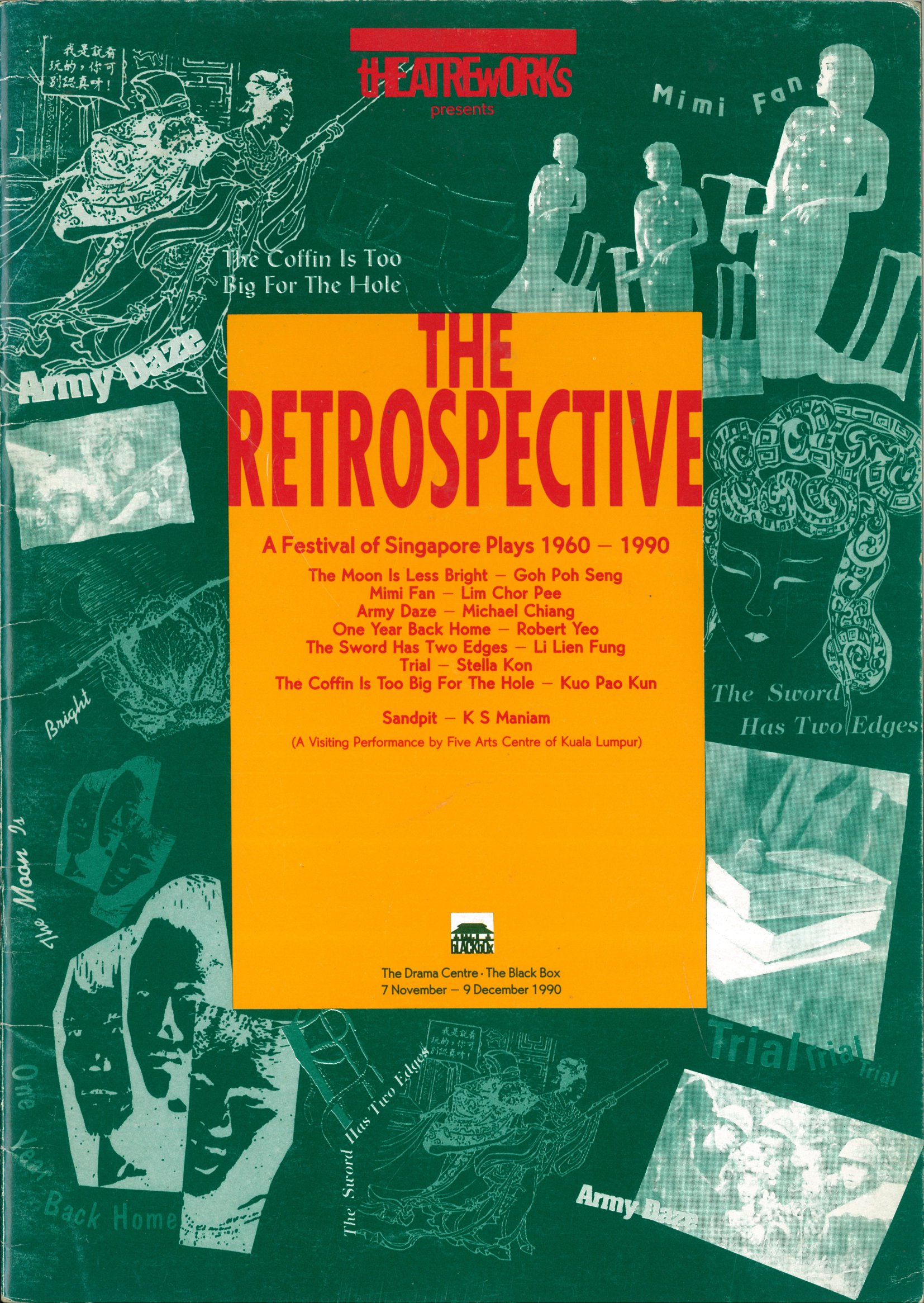 The programme features images from several plays against a dark green background. In the centre is an orange rectangle containing the words 'The Retrospective' in red font.