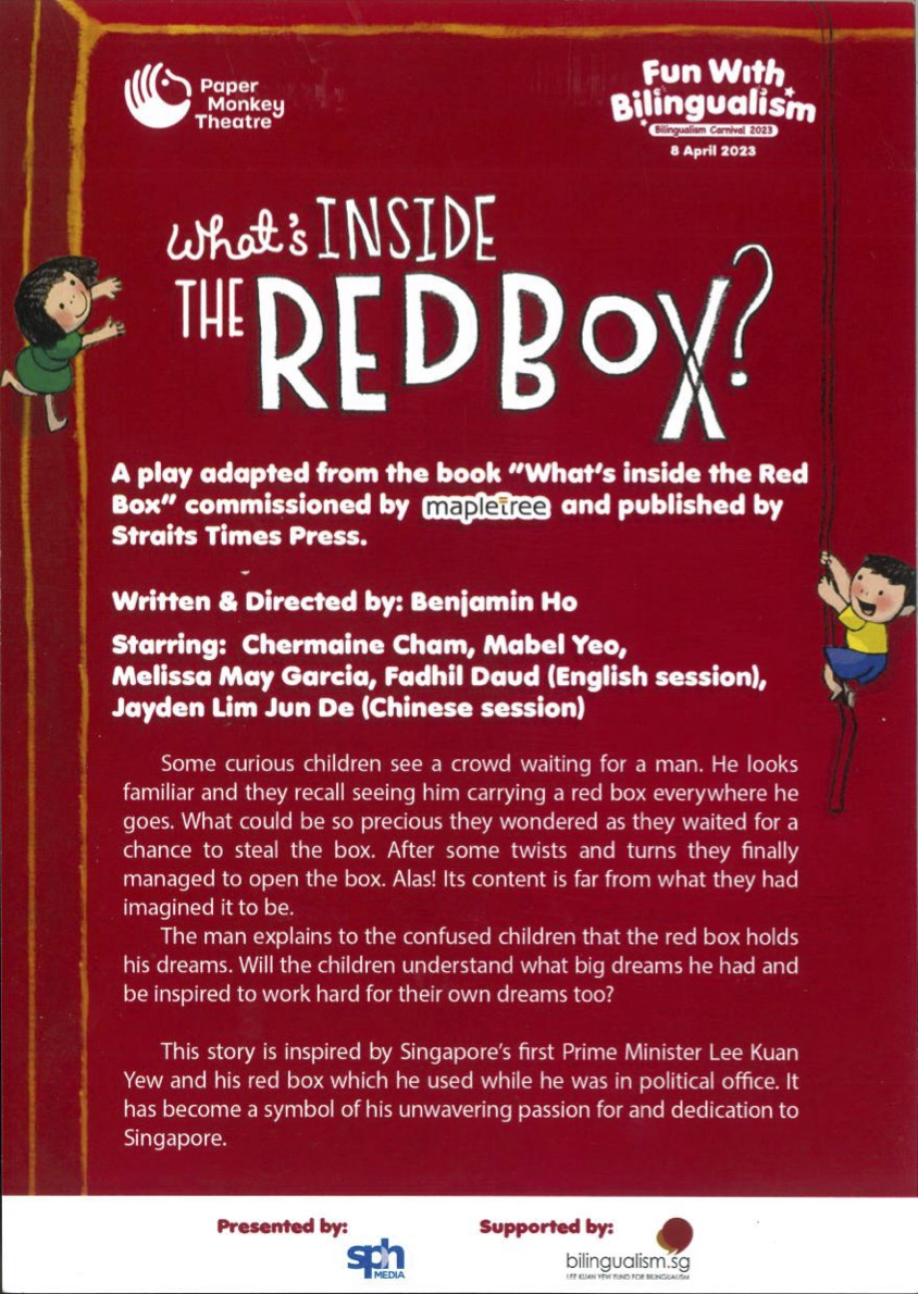 The flyer has a red background and features information about the production in white font.