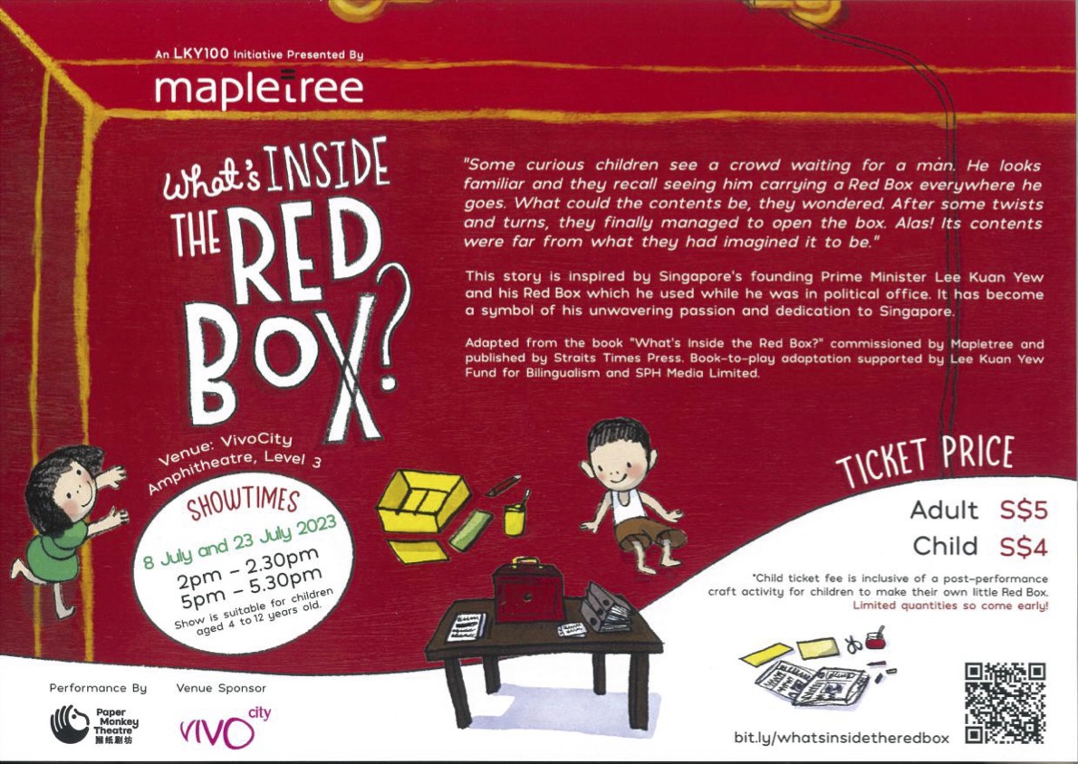 The flyer features a crayon drawing of two children near a table, atop which are files and a red box.