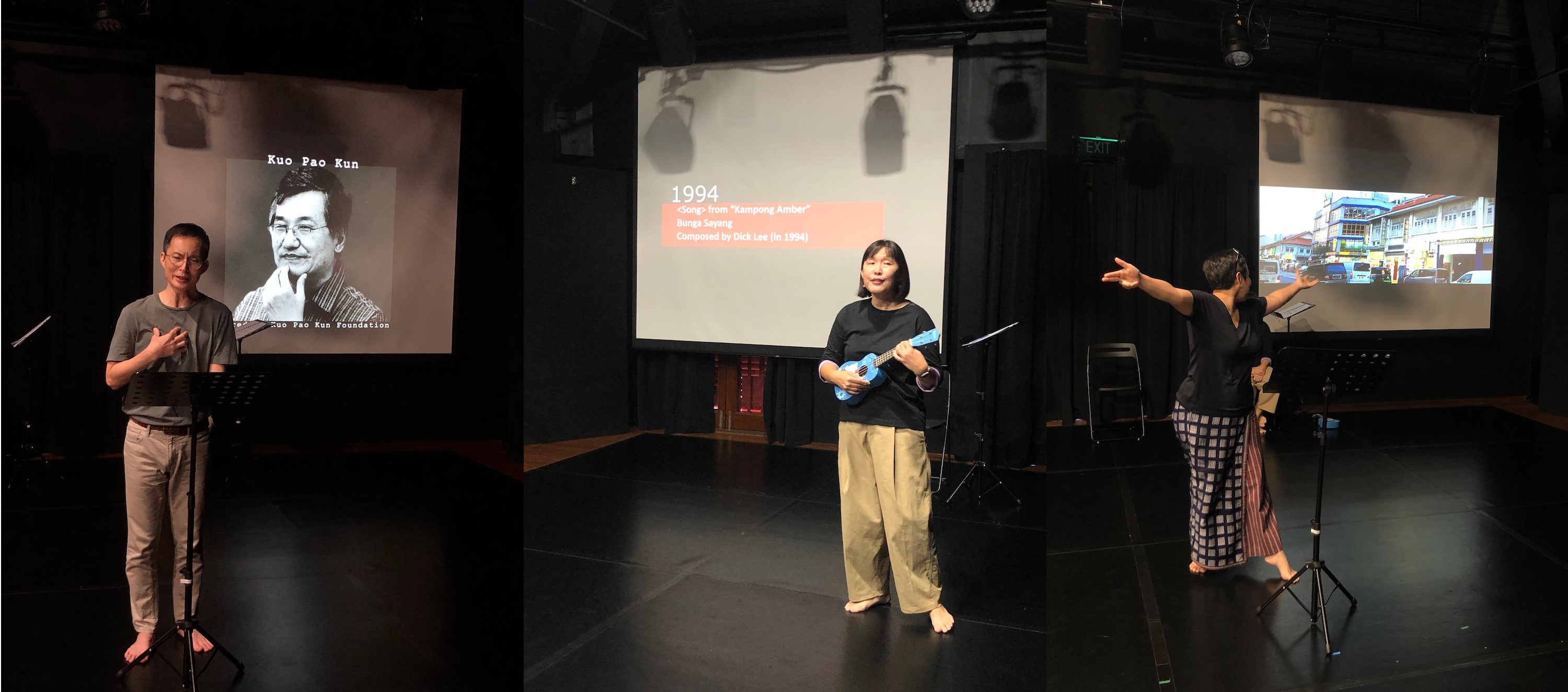 A collage of three photos, each showing a performer standing in front of a projector screen.