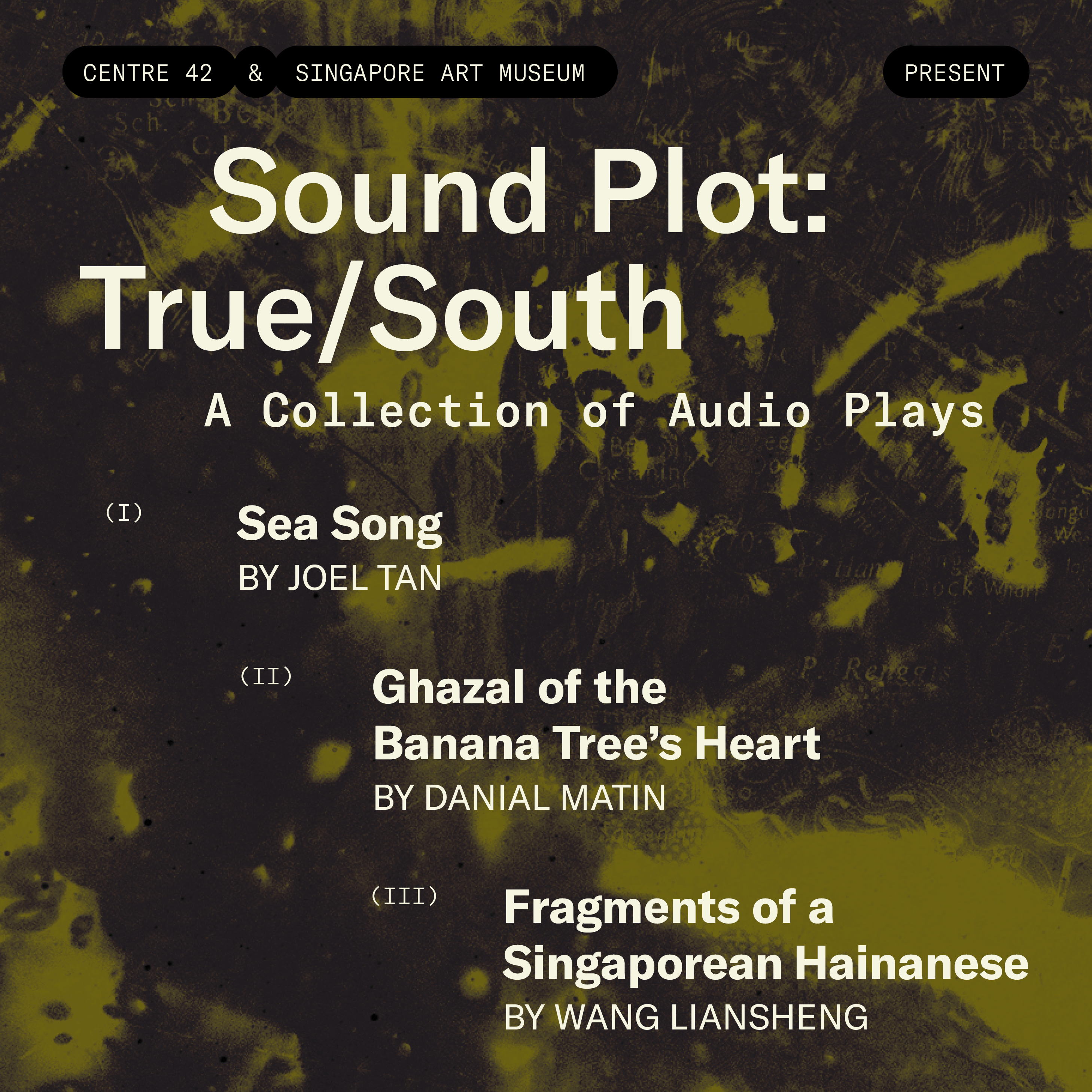 A publicity image with a green camouflage background and the names of the three audio plays and their writers.