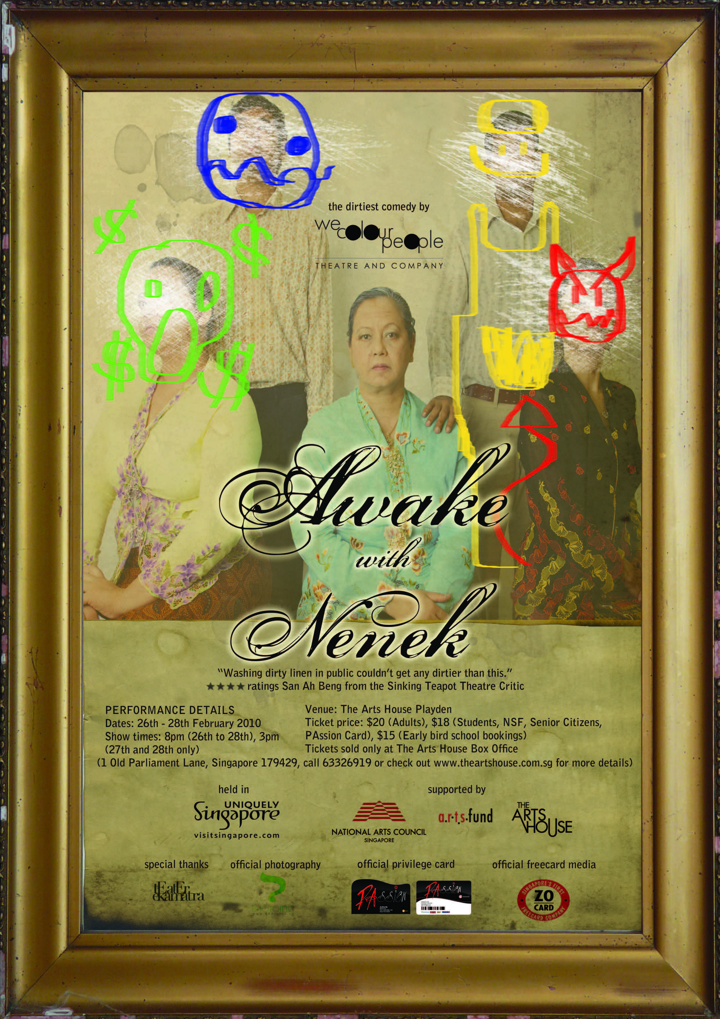 The poster features a photo of five people, with an elderly woman sitting in the centre, while the four people around her have their faces scratched out, with colourful, childish faces drawn over them. The title "Awake with Nenek" is printed in the middle of the poster, and production details can be found below the photo.