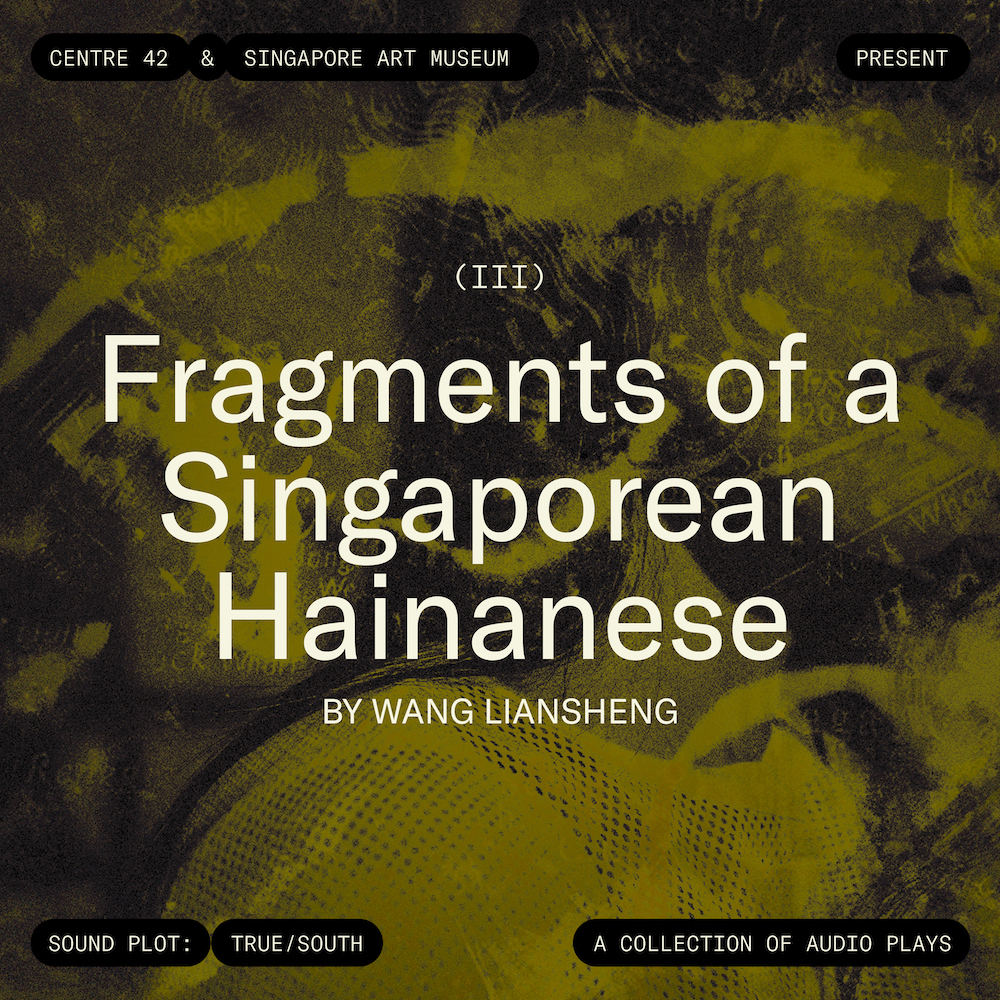 Olive-green and black textured background, with the words 'Fragments of a Singaporean Hainanese' in white font overlayed.