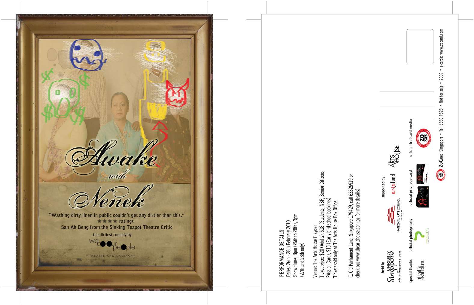 The postcard features, on its left side, a photo of five people, with four of their faces scratched out and drawn over with childish scribbles of faces. The title "Awake with Nenek" is printed across the centre of the photo. The right side features details about the performance.