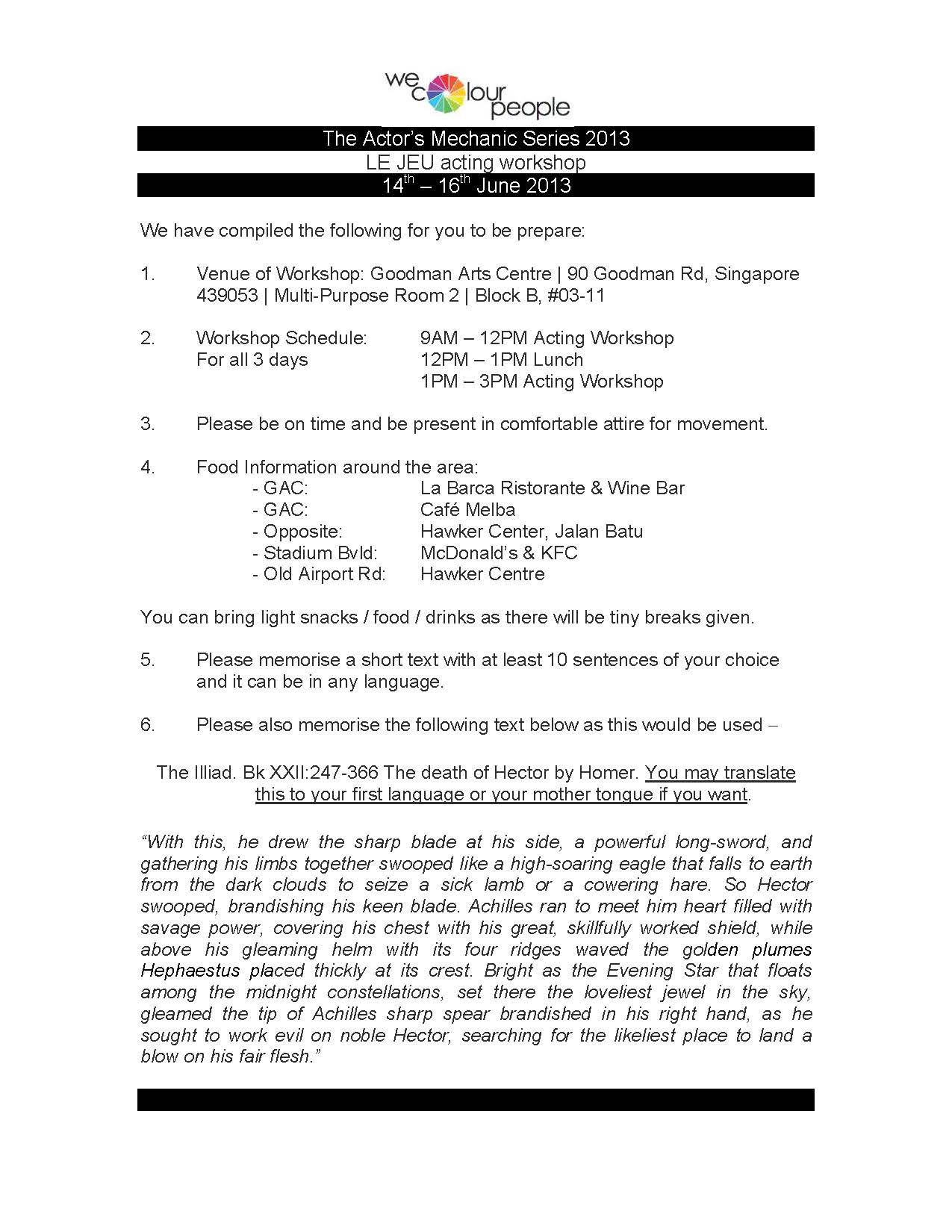 The miscellaneous artefact features details about the workshop, including the venue, times and dates, as well as attire requirements. Included is an excerpt from The Iliad.