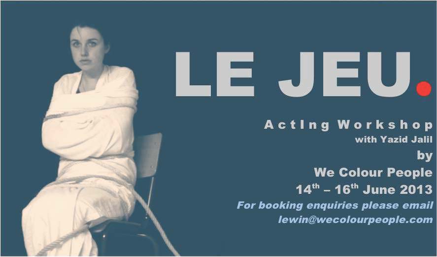 The poster features a blue tinted image of a woman in a straitjacket sitting on a chair on the left, with the name of the workshop "Le Jeu" followed by a small red dot, as well as details about the workshop, on the right