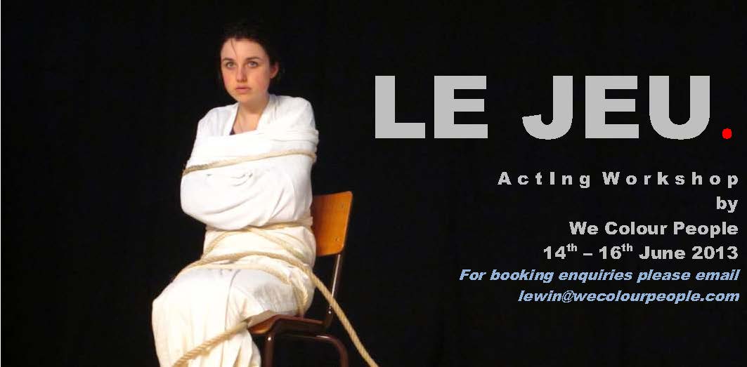 The poster features an image of a woman in a straitjacket sitting on a chair on the left, with the name of the workshop "Le Jeu" followed by a small red dot, as well as details about the workshop, on the right