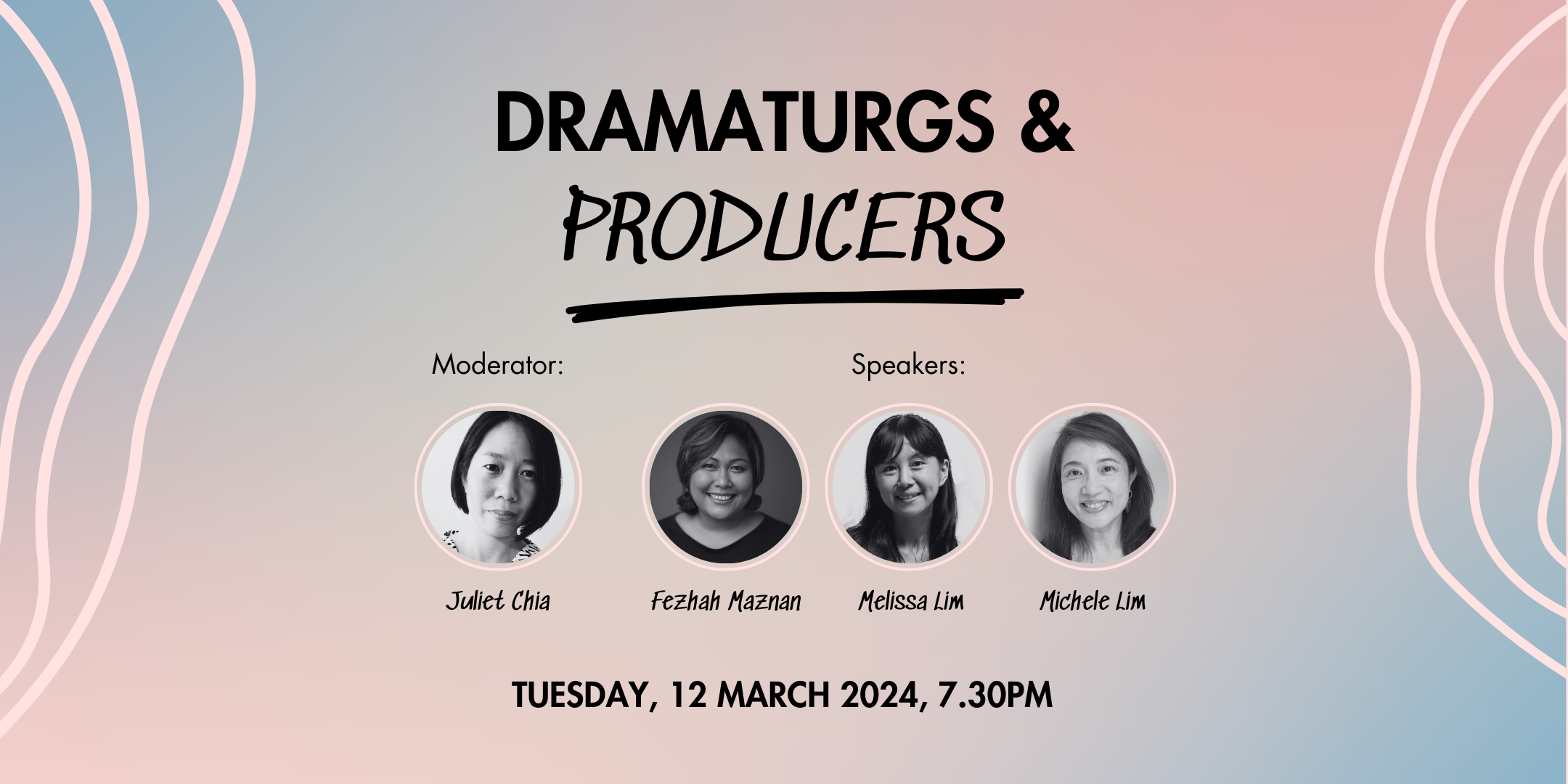 A publicity image with a blue and pink hued background along with details of the roundtable conversation, "Dramaturgs & Producers".