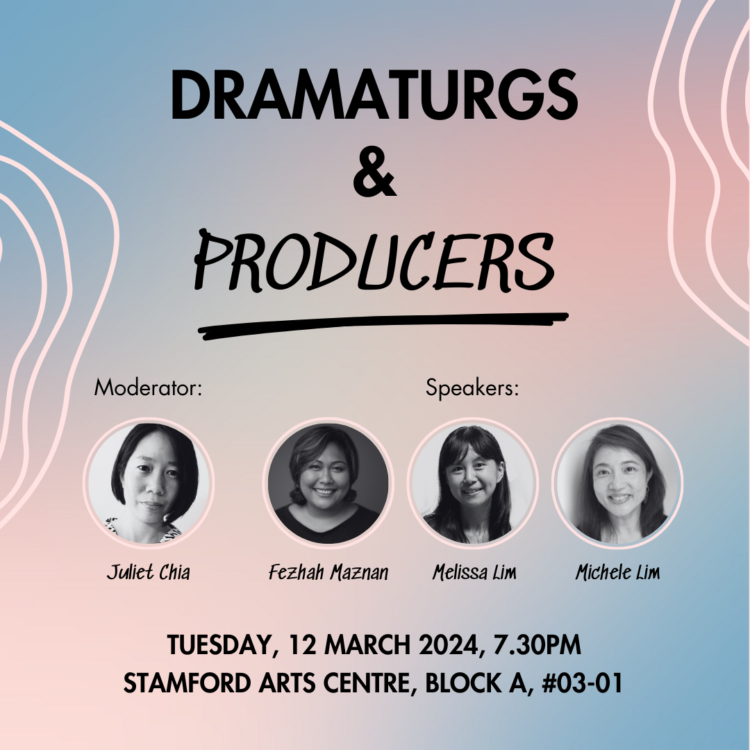 A publicity image with a blue and pink hued background along with details of the roundtable conversation, "Dramaturgs & Producers".