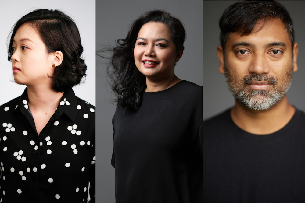 A collage of three persons in black tops, one glancing left, one smiling, and one neutral-faced.