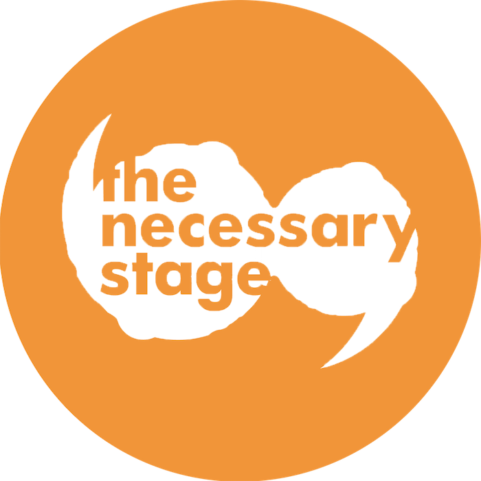 Circular orange logo with two white quotation marks in the middle, and the words 'the necessary stage' in orange.