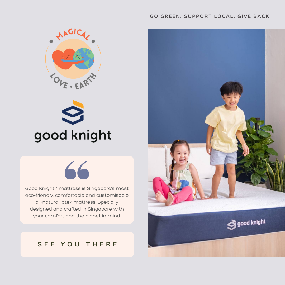 Two young children standing on top of a latex mattress, a product by Good Knight company 