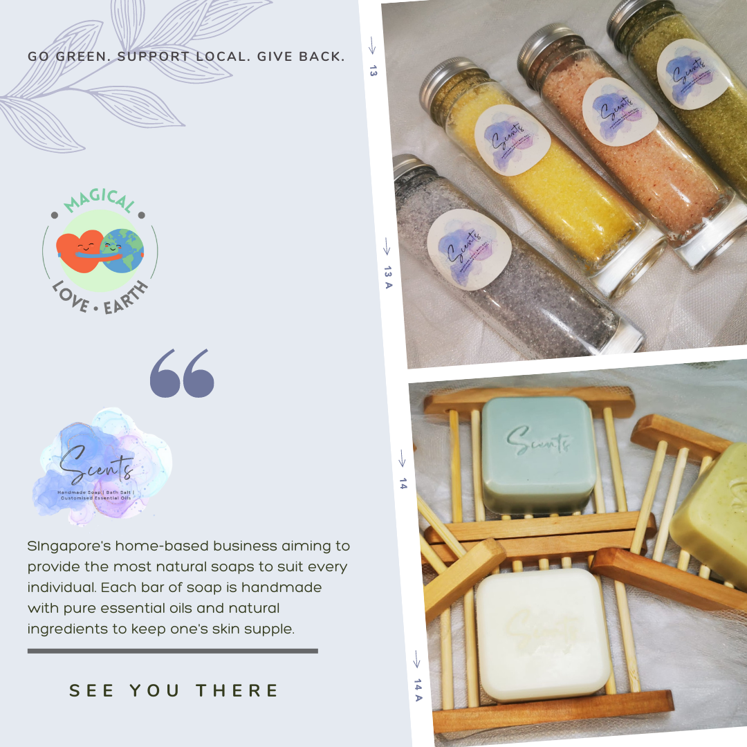 Images of bottled coloured sands and bar soaps made by the Scents brand